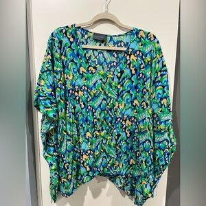 Vibrant Blue & Green Abstract V-Neck Tunic